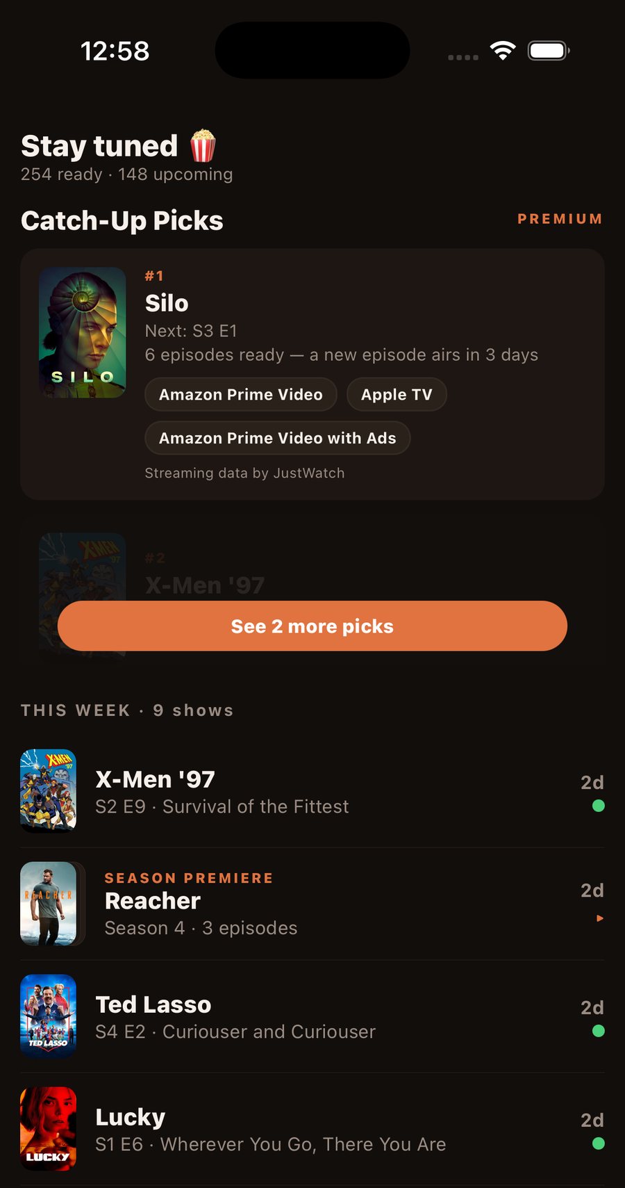 The Stay Tuned Up Next screen on iPhone: Catch-Up Picks at the top, then this week's episodes with Reacher's three-episode season premiere folded into a single row.